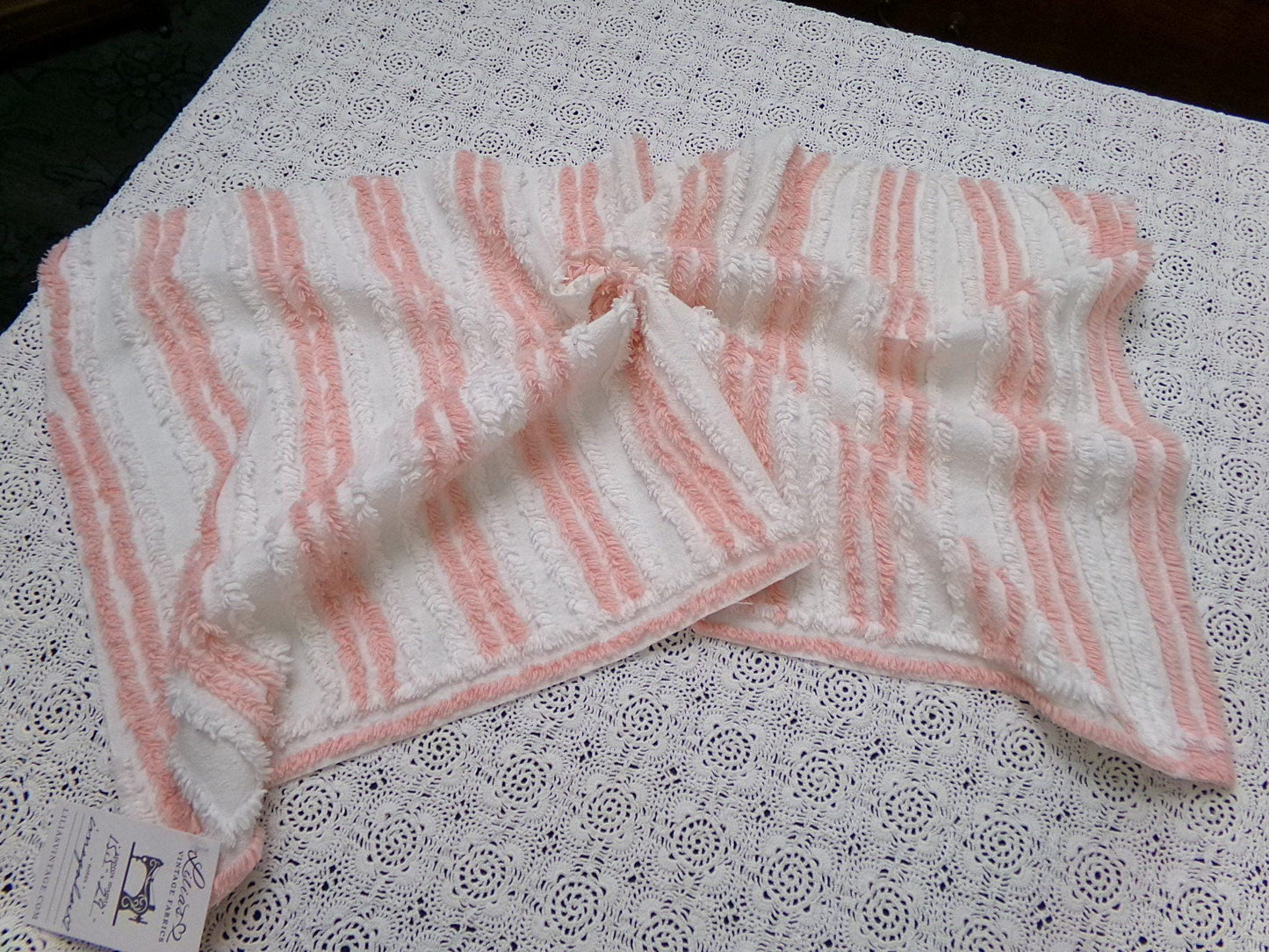 vintage chenille bedspread fabric summer peach white stripes 15.5x29" piece
