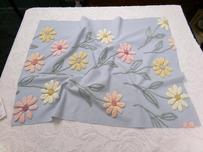Scattered Daisies Vintage Chenille Bedspread Fabric, Shabby Blue Sewing Material, 19" x 25"