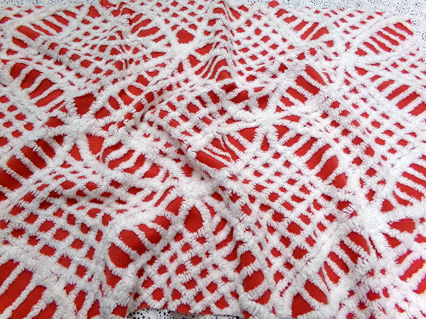 Vintage Red Chenille Fabric, White Geometric 17x24" Quilt Material
