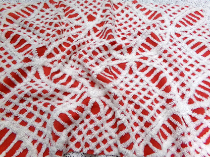 Vintage Red Chenille Fabric, White Geometric 17x24" Quilt Material