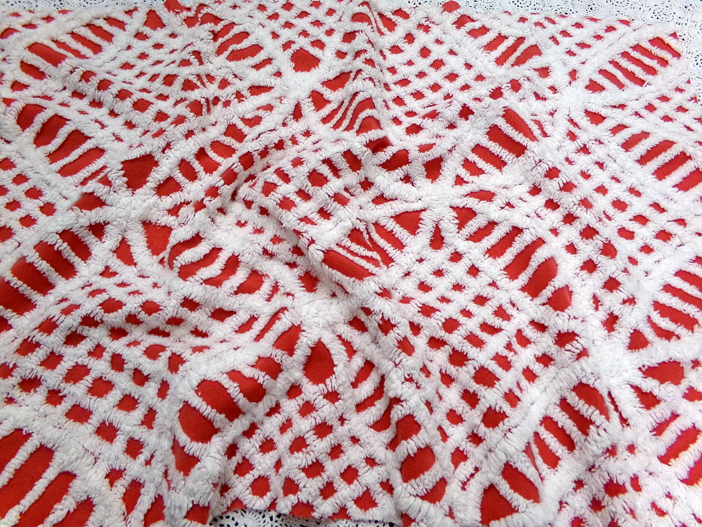 Red & White Vintage Chenille Fabric, Tufted Geometric 19x27" Sewing Material
