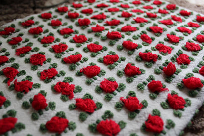Striking Red Rosebud Vintage Chenille Fabric from Morgan Jones Roses Bedspread, 18" x 24" inch Piece