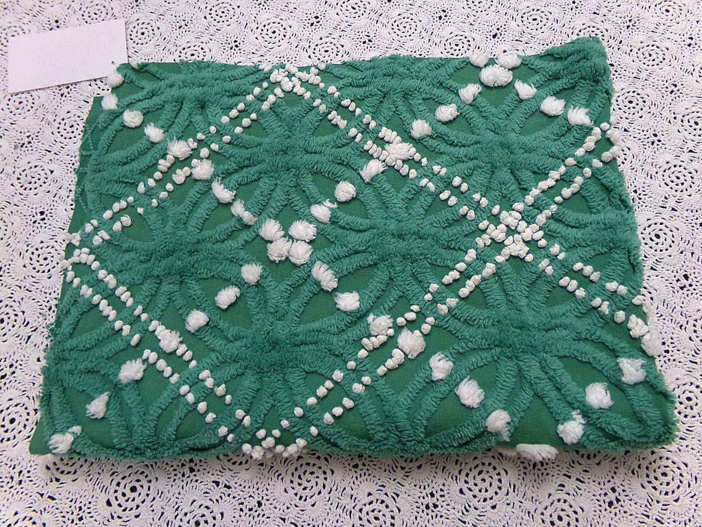 Green White Vintage Chenille Bedspread Fabric 20x24" Spider Tuft Pops Quilting Material