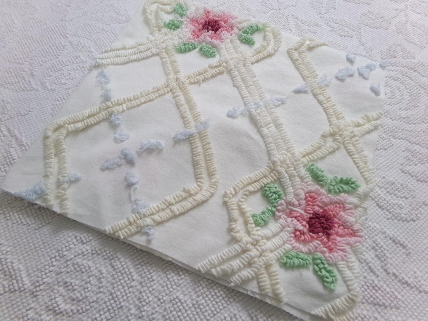 romantic cottage vintage chenille fabric, shabby floral sewing material, 20" x 26" piece