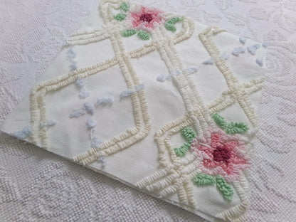 romantic cottage vintage chenille fabric, shabby floral sewing material, 20" x 26" piece
