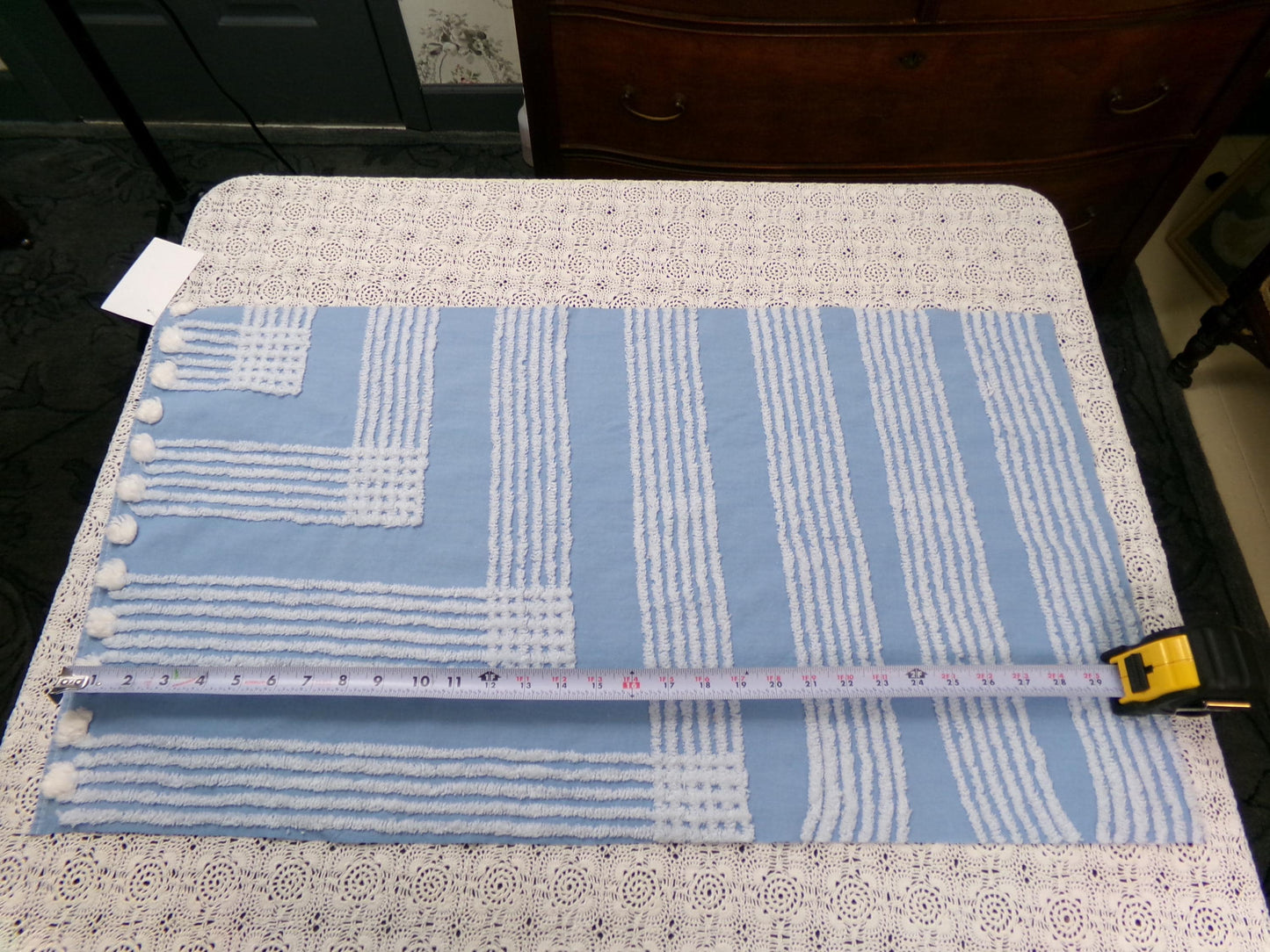 Sky Blue Vintage Chenille Fabric White Geometric Quilt Sewing Material 16.5" x 30"