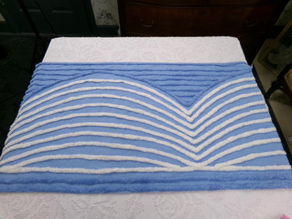 Vintage Chenille Fabric Piece, White Waves on Blue, 18" x 33" Sewing Material