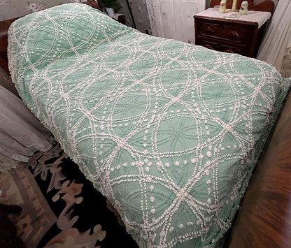 Vintage Chenille Bedspread Shabby Twin Jade Green White Spiderweb Starburst