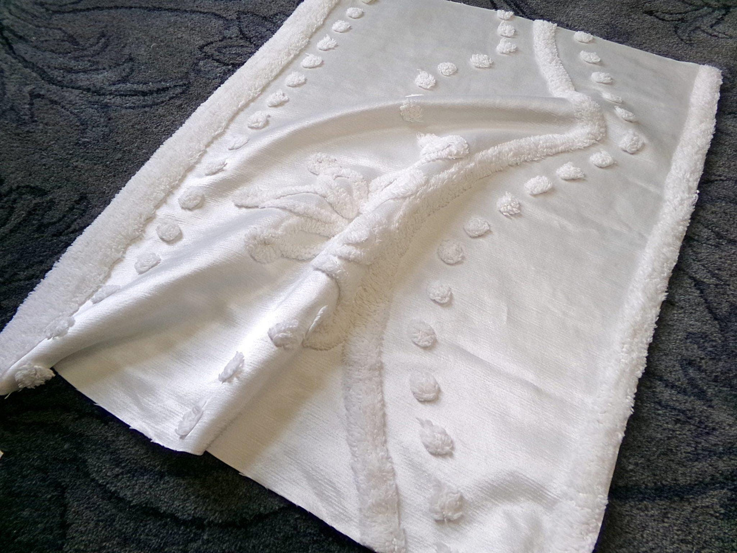 Tufted White Satin Vintage Chenille Bedspread Fabric, Shabby Romantic 19x24"