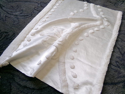 Tufted White Satin Vintage Chenille Bedspread Fabric, Shabby Romantic 19x24"