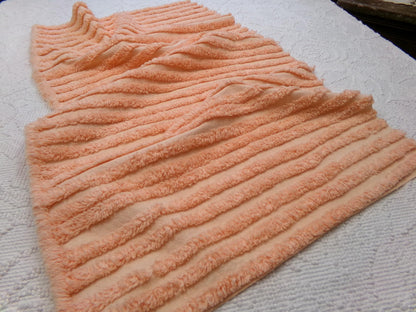 Peach Vintage Chenille Bedspread Fabric, Plush Tufted Lines, 16" x 28" piece