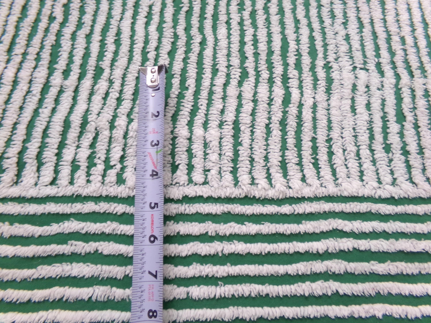 Green & Snow White Vintage Chenille Bedspread Fabric, Geometric Stripes 15" x 26" piece