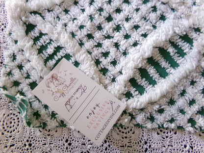 green & white vintage chenille bedspread fabric, 18" x 26" geometric design