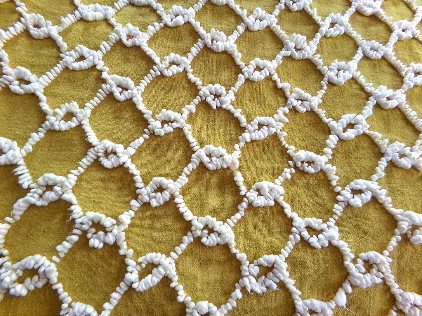 Hippie Vintage Chenille Fabric in Butterscotch Gold with White Chicken Wire Design, 100% Lightweight Cotton, 20" x 24" inch piece