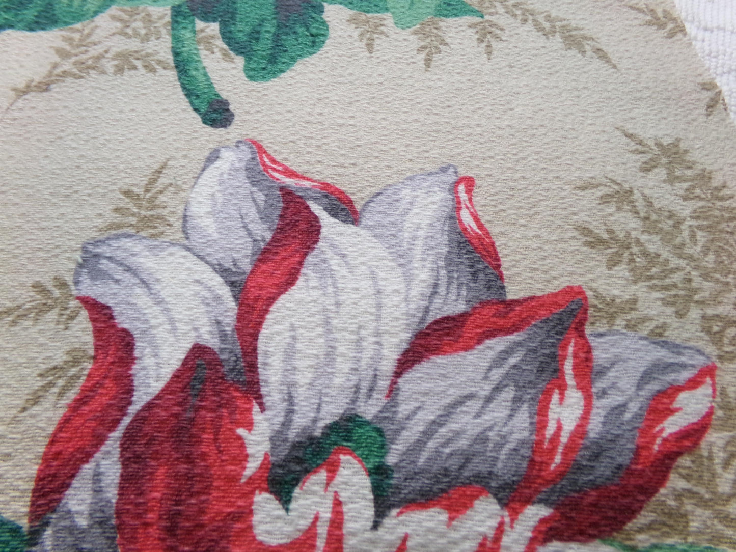 Vintage Barkcloth Fabric 16x27" Floral Magnolia Bloom Red White Green Tan