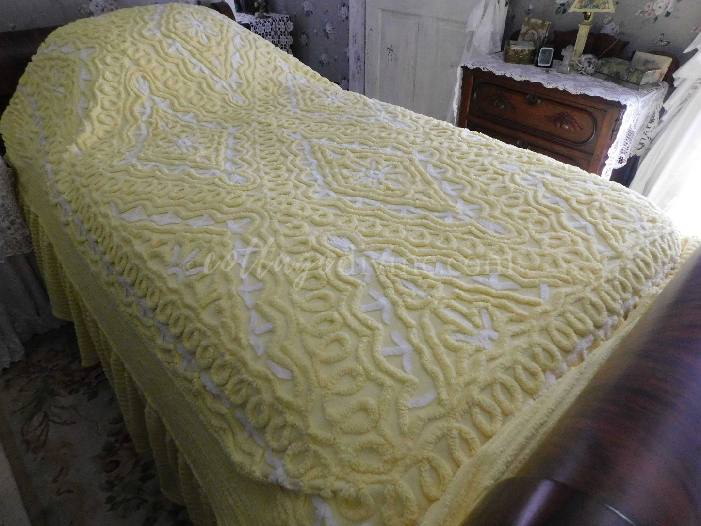 Chenille Bedding, Delicious Lemon Chiffon Vintage Chenille Bedspread, Integrated Ruffle Skirt, Fitted Full Size