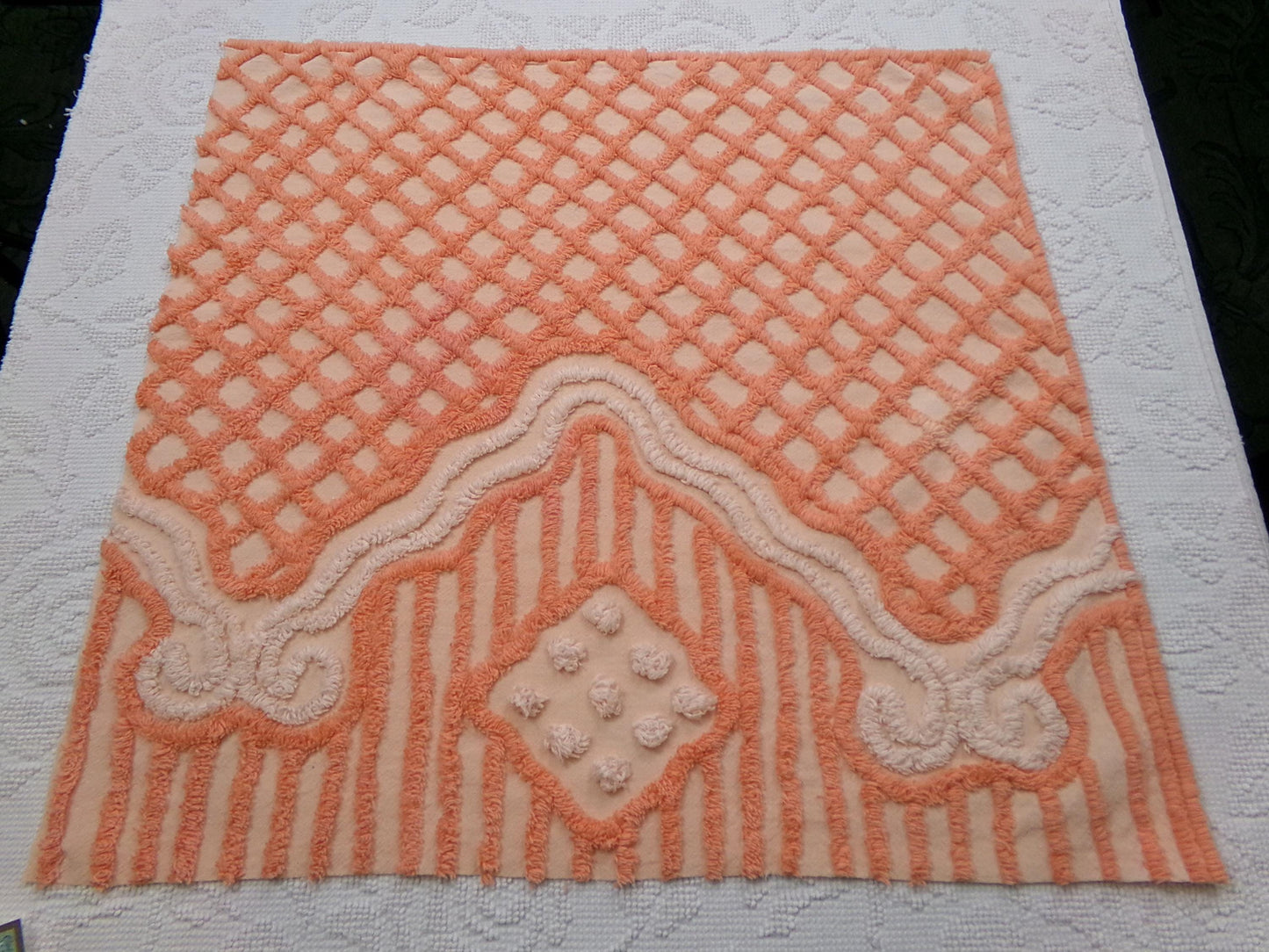 Bliss Peach Vintage Chenille Fabric, Unique Geometric Piece Sewing & Quilt Material 23" x 23"