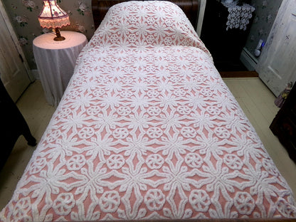 Chenille Bedspread Full Size Fairytale Snowflake Pinwheel Tufts, Feminine Vintage Cotton Bedding