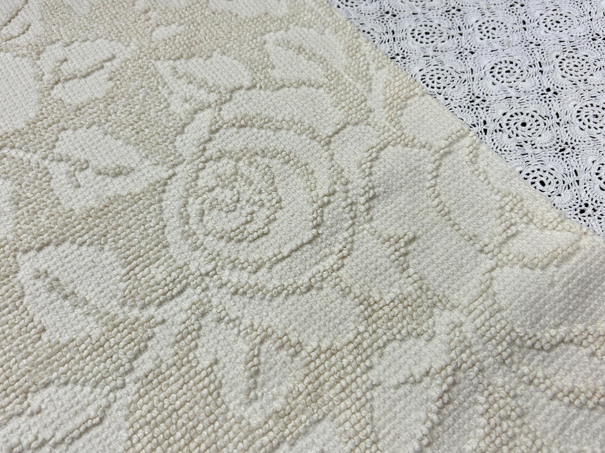 Cream White Vintage Chenille Fabric, Cabbage Roses, 20x30" Hobnail Woven Pc