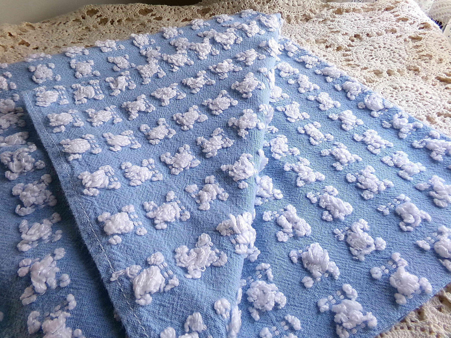Deeply Serene Blue & White Rosebud Vintage Chenille Fabric, Heirloom Quality Material for Quilts, Pillows, 24" x 17" inch Piece