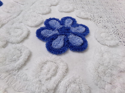 Blueberry Swirl Vintage Chenille Bedspread Fabric, Coastal Blue & White Daisy 16.5x25"