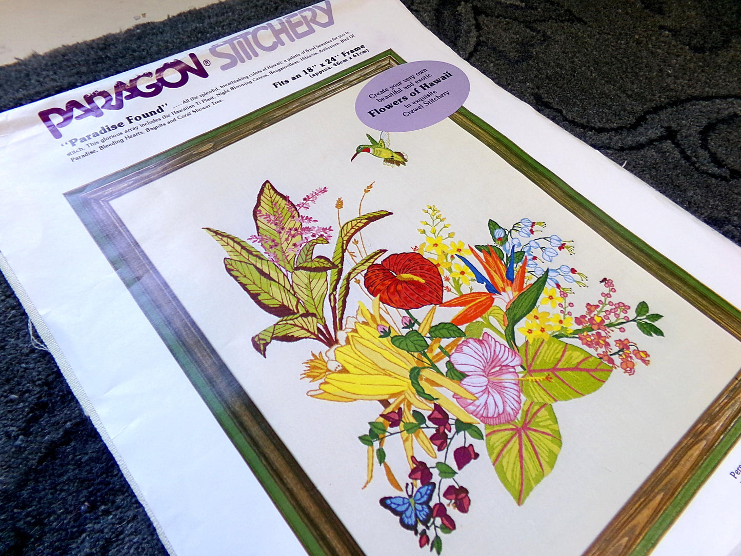 PARADISE FOUND Vintage Crewel Embroidery Kit, Flowers of Hawaii Tropical Hummingbird Paragon 0308 Stitchery Wall Hanging