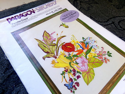 PARADISE FOUND Vintage Crewel Embroidery Kit, Flowers of Hawaii Tropical Hummingbird Paragon 0308 Stitchery Wall Hanging
