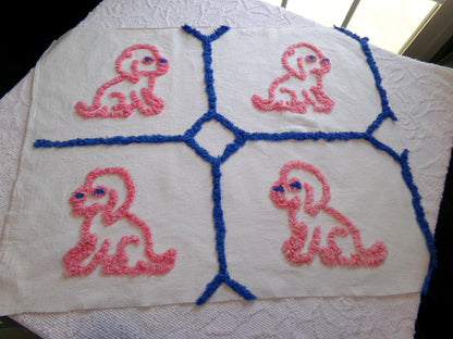 Cutest Pink Puppy Dogs Vintage Chenille Fabric, 4 Puppies on Cotton Feedsack, 22" x 28" Piece, Upcycle into Handmade Quilts, Pillows