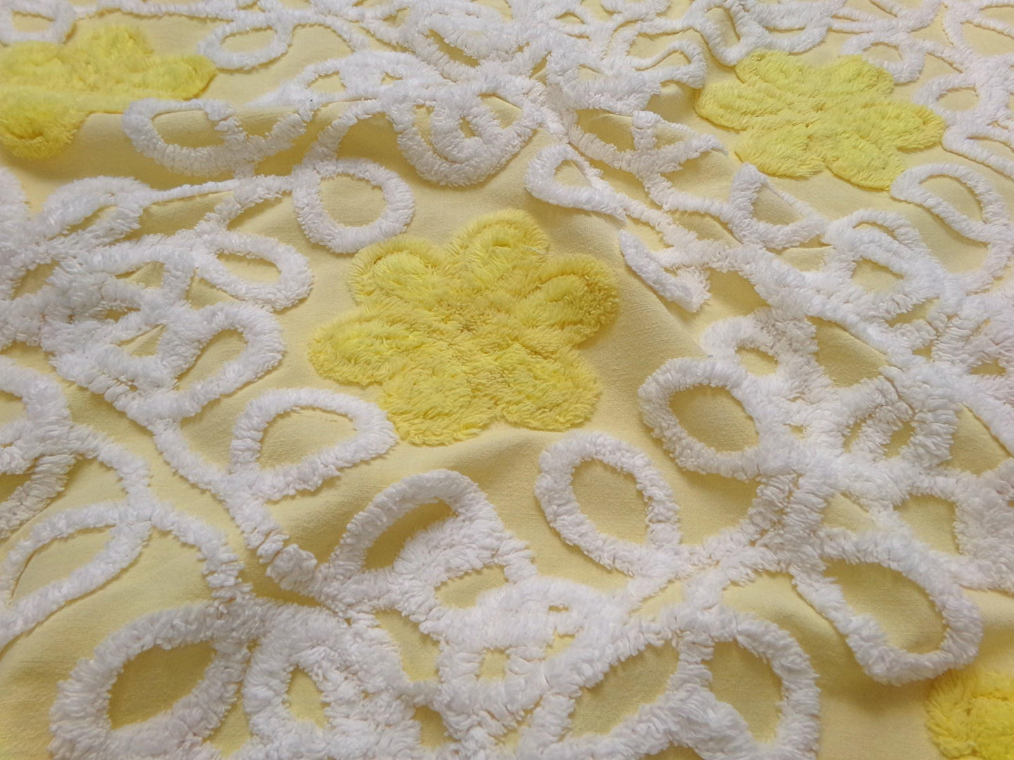 Sunny Yellow Daisy Vintage Chenille Fabric, White Swirl Sewing Quilt Material, 20" x 24"