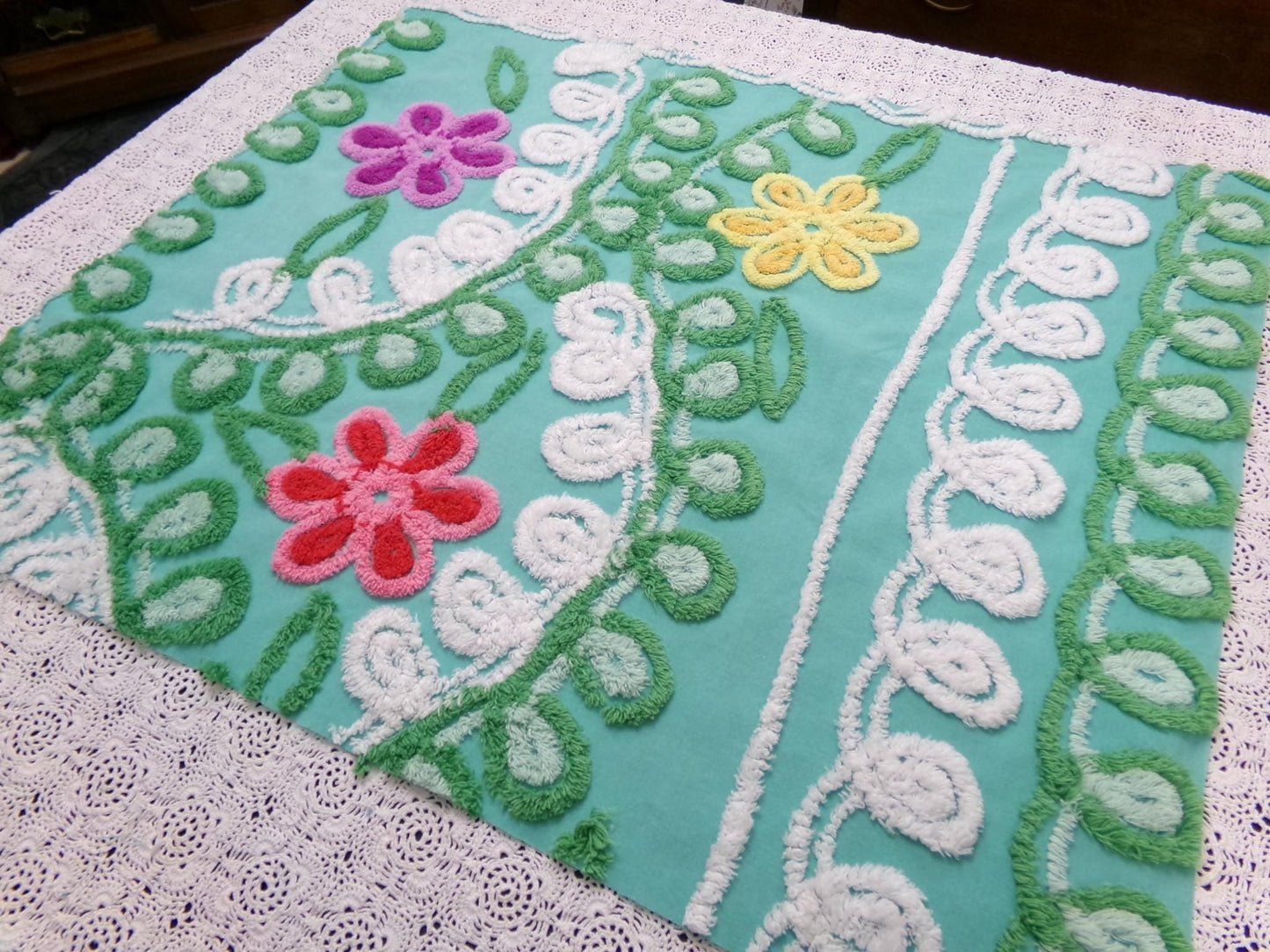Vintage Green Chenille Fabric, Floral Swirl Design, 20x25" Piece