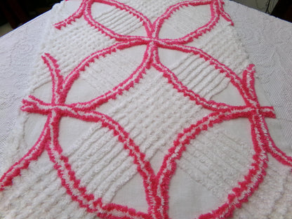 Vintage Hot Pink White Chenille Fabric: Geometric Pattern Retro Mid Century Textile Craft Quilting Supplies, 20" x 25" Piece