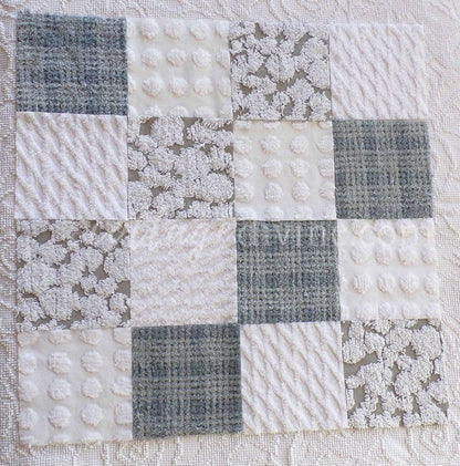Gender Neutral Chenille Fabric Squares Set from Vintage Bedspread Fabrics, 16 Quilt Blocks, 6" inch, Modern Grey & White