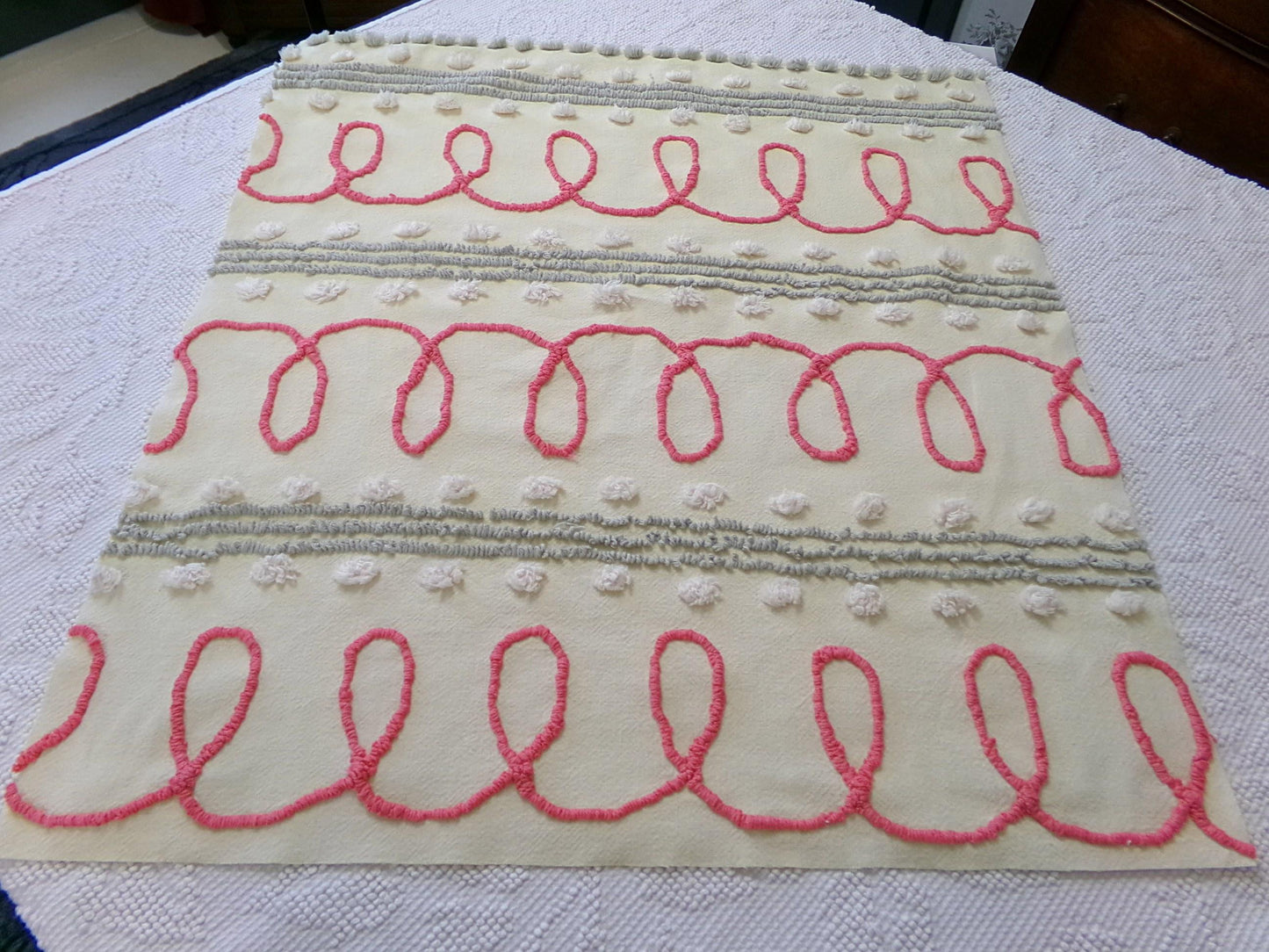 doodle dots vintage chenille bedspread fabric, yellow & red quilt sewing material, 23" x 21" piece