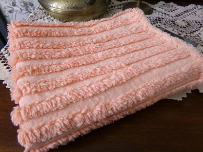 Peach Vintage Chenille Bedspread Fabric, Plush Tufted Lines, 16" x 28" piece