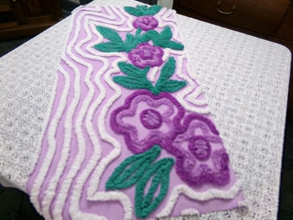 Violet Roses Vintage Chenille Bedspread Fabric 16x32" Sweeping White Waves