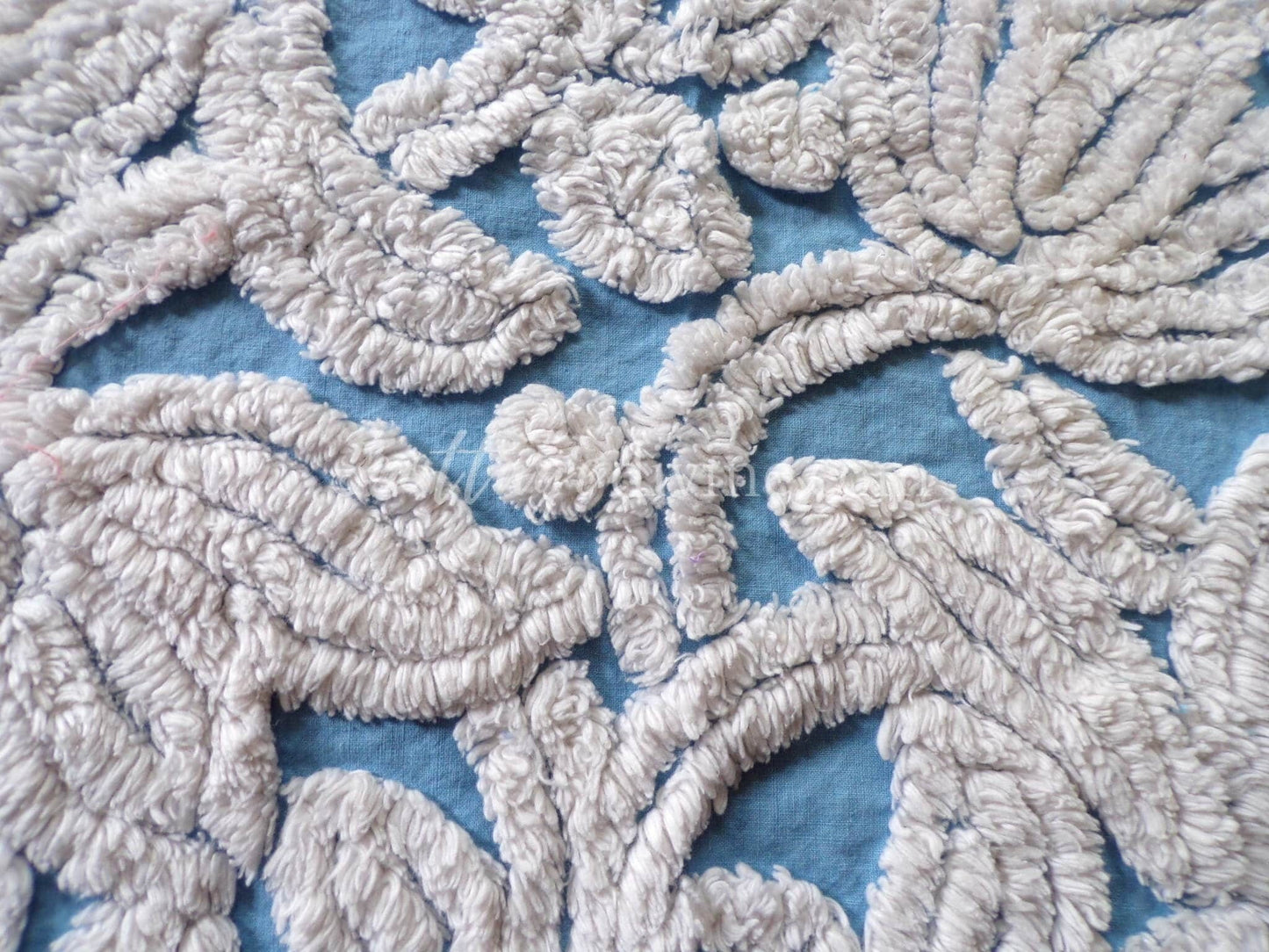 Plush Tufted Tulips Vintage Chenille Fabric, Sky Blue & White, 20" x 31" Inch Piece, Beautiful in Quilts, Pillows