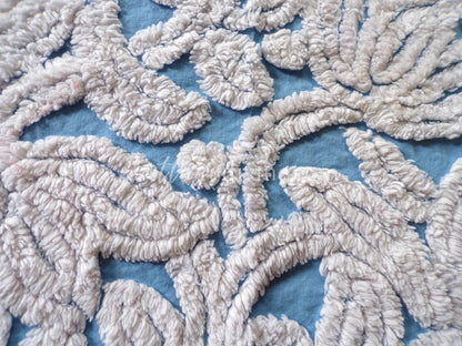 Plush Tufted Tulips Vintage Chenille Fabric, Sky Blue & White, 20" x 31" Inch Piece, Beautiful in Quilts, Pillows