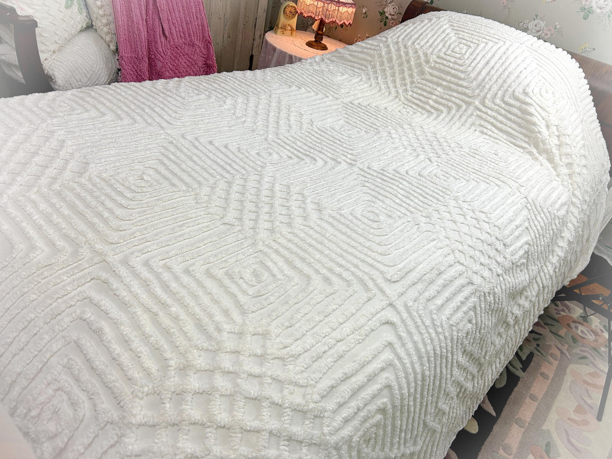 Quietly Bold Vintage Chenille Bedspread, Nested Squares & Diamonds, Full Size