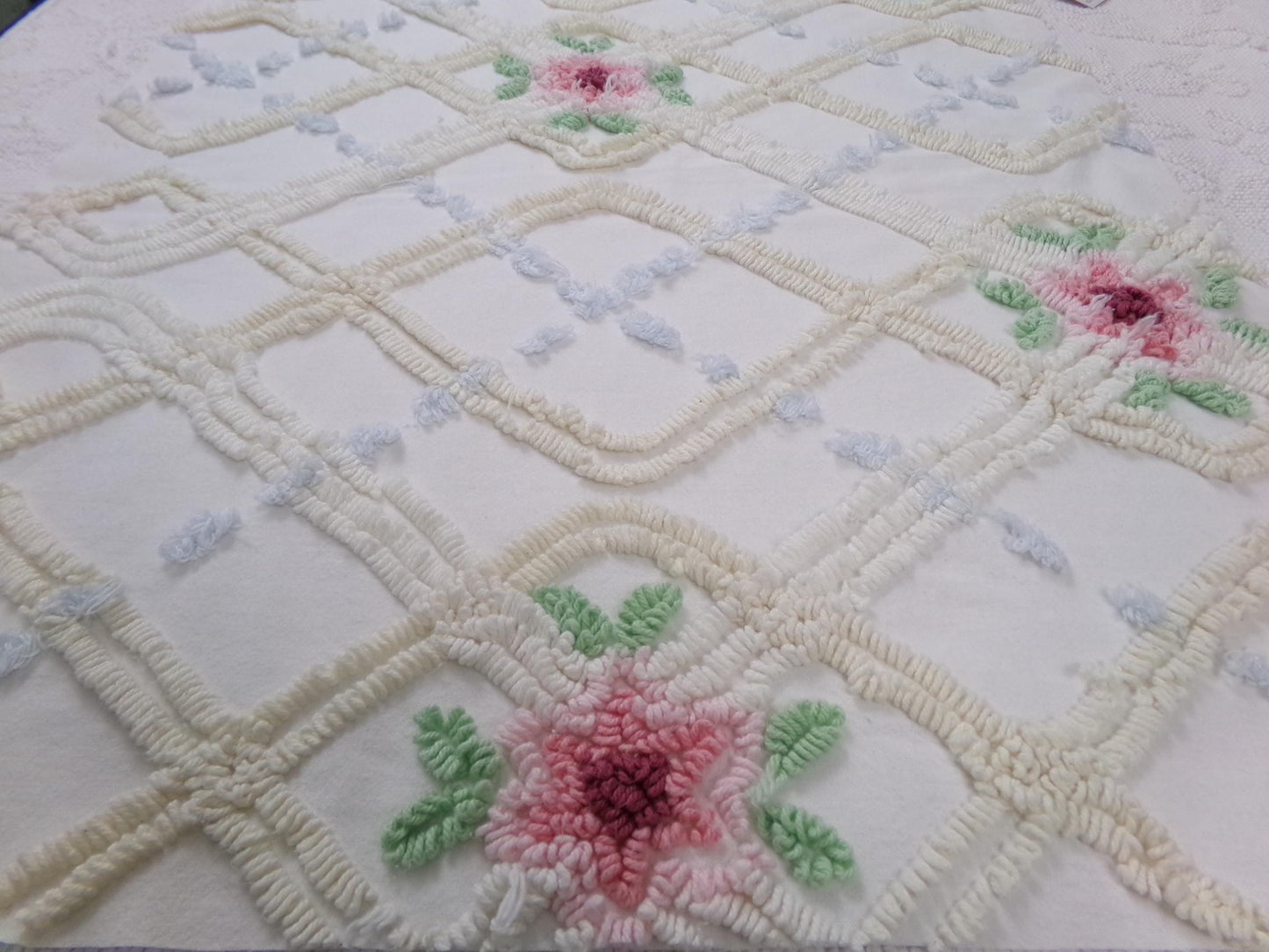romantic cottage vintage chenille fabric, shabby floral sewing material, 20" x 26" piece