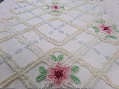 romantic cottage vintage chenille fabric, shabby floral sewing material, 20" x 26" piece