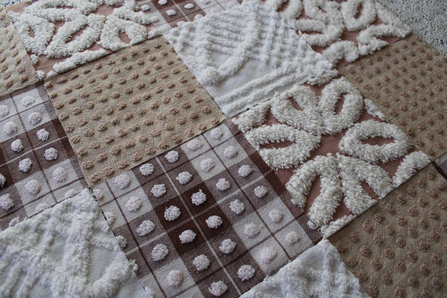 Bear Hugs Chenille Quilt Squares Set, from Vintage Bedspread Fabric, 16 Blocks, 6" x 6" inches each, Chocolate, Mocha & White