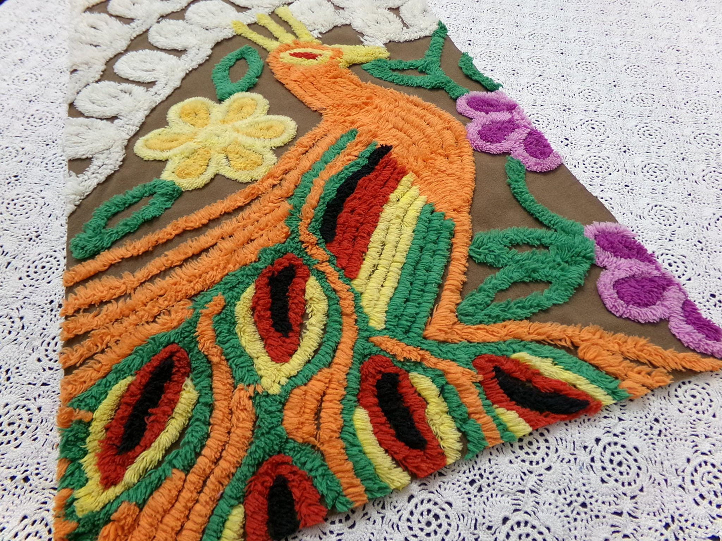 boho peacock vintage chenille bedspread fabric exotic bird brown orange 13x21" small piece