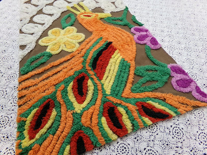 boho peacock vintage chenille bedspread fabric exotic bird brown orange 13x21" small piece