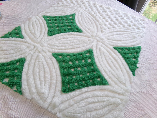 plush vintage chenille fabric: preppy kelly green & white wedding rings, 18" x 24" piece