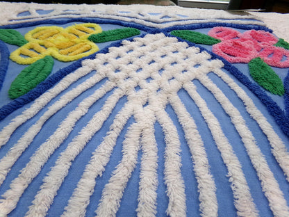 Vintage Chenille Fabric, Waterfall Blue & White Tropical Florals, 20" x 27" Cut Piece