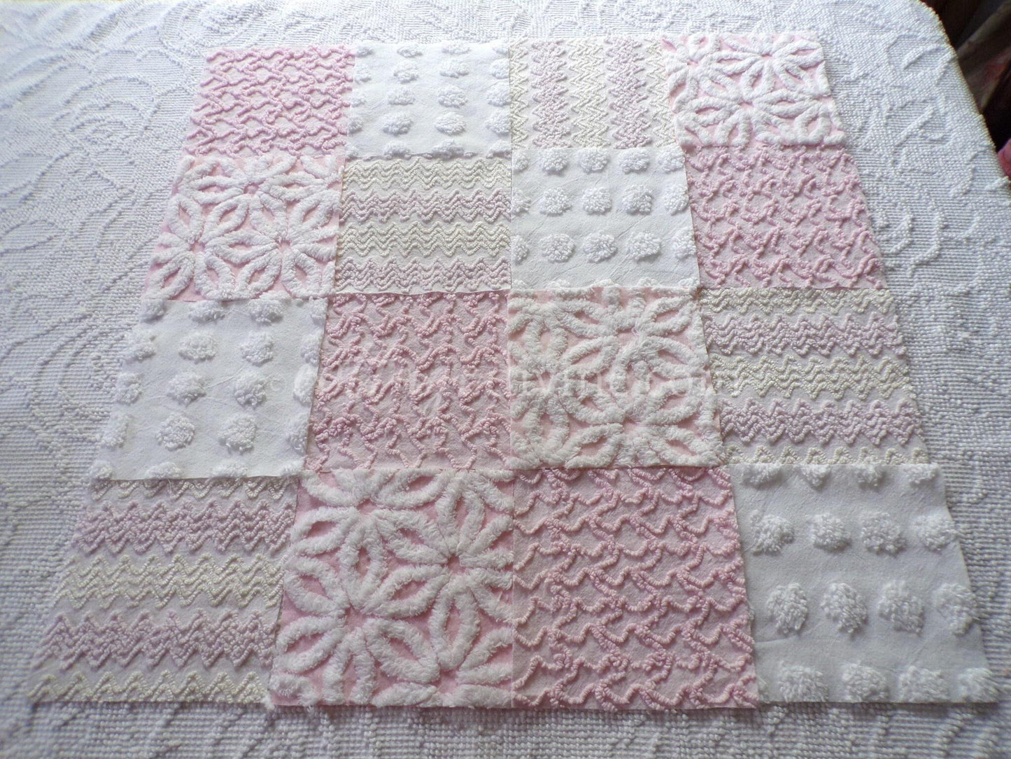 Dainty Pinks Chenille Quilt Squares Set from Vintage Bedspread Fabric, 16 Blocks, 6" x 6" inch