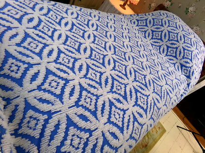 coastal cottage blue vintage chenille bedspread, cobalt & white geometric design, 100% cotton twin size summer coverlet with fringe