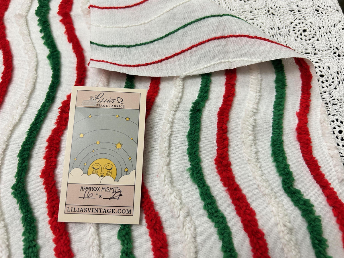 Vintage Christmas Chenille Fabric, Red, Green & White Ripple Stripe 16x27"