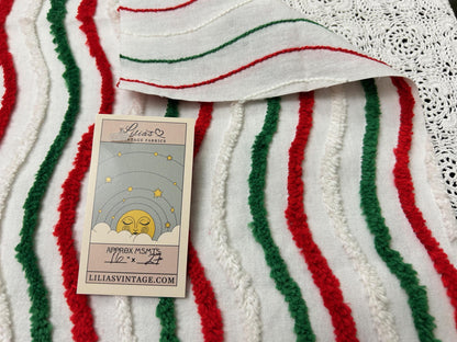 Vintage Christmas Chenille Fabric, Red, Green & White Ripple Stripe 16x27"