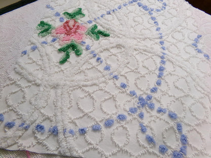 shabby cottage vintage chenille fabric, pink rose quilt material, 22" x 25" piece